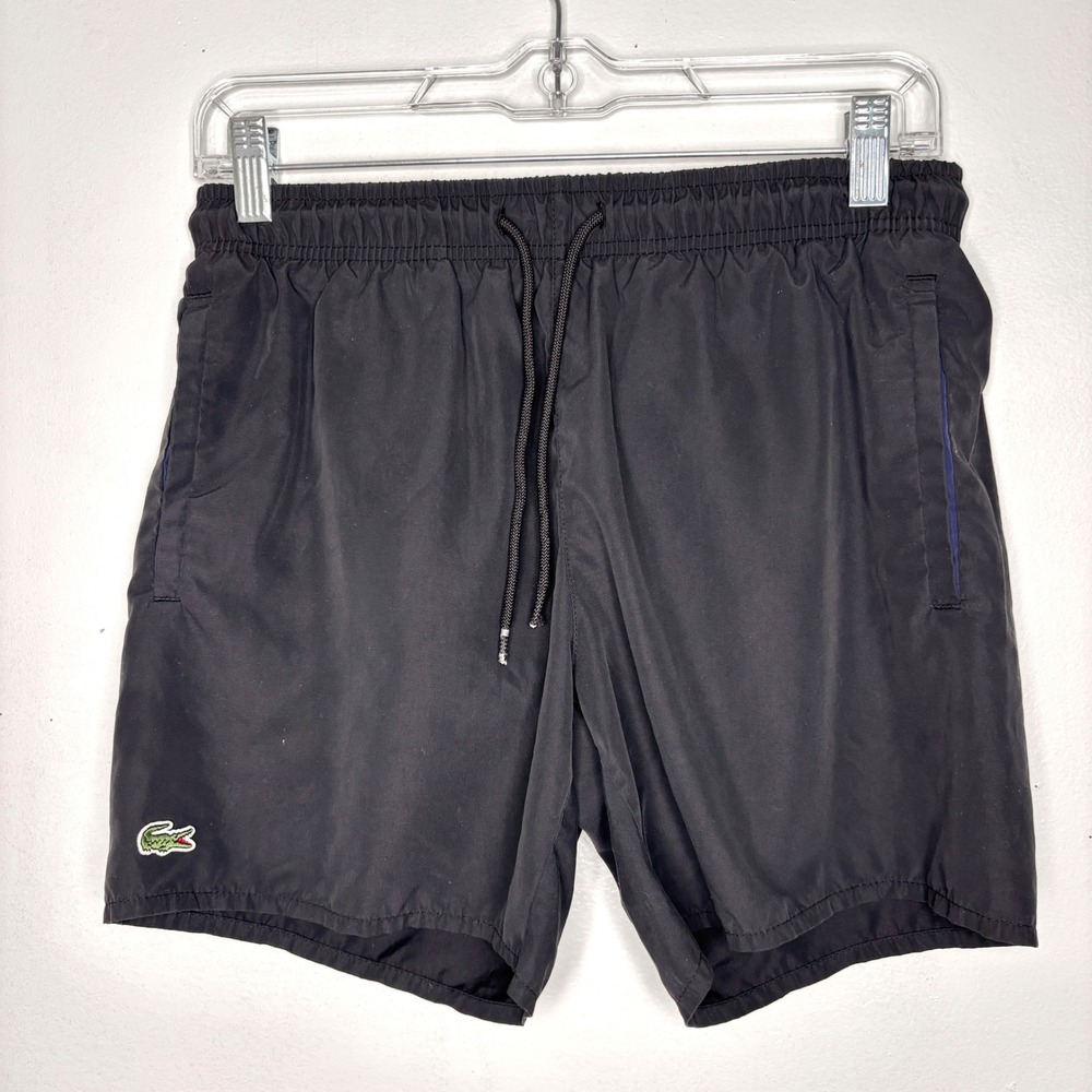 Lacoste Mens Black Swim Trunks Mesh Lined Logo Board Shorts Small 5 Inch Inseam